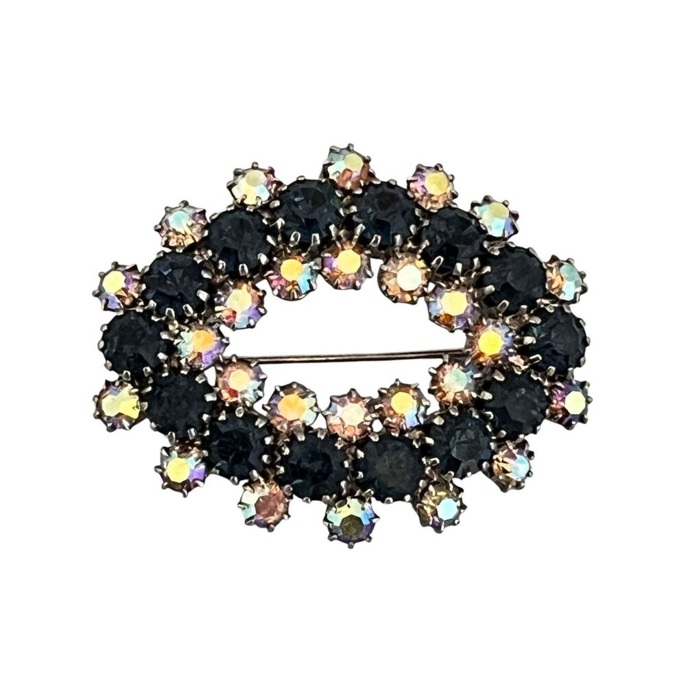 Vintage 1950s Black AB Rhinestone Oval Brooch Pin Mid Century - 7Y